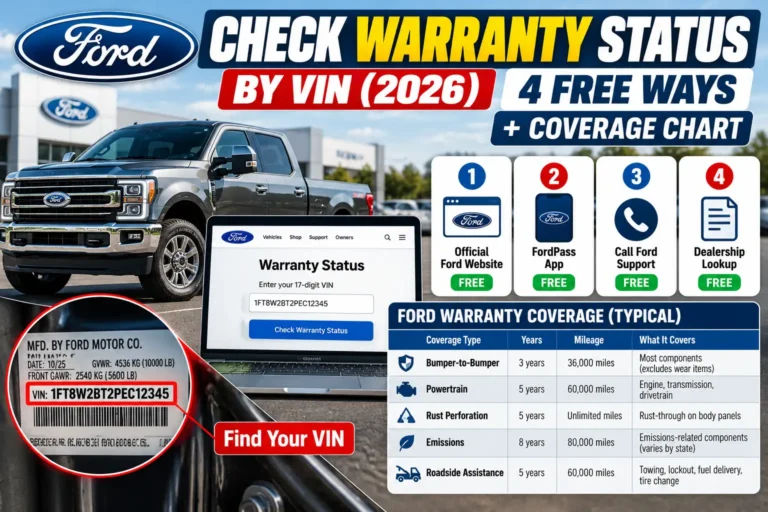 Ford warranty status check by VIN in 2026 showing four free lookup methods and warranty coverage chart.