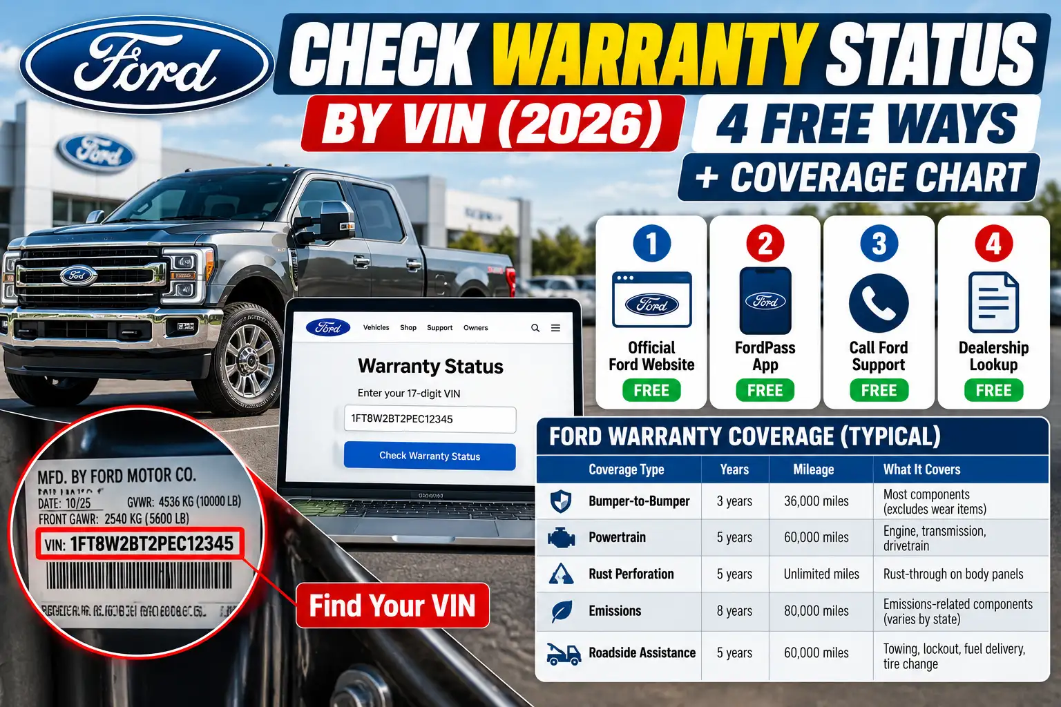 Ford warranty status check by VIN in 2026 showing four free lookup methods and warranty coverage chart.