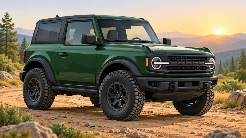 Green off-road SUV on a dirt trail illustrating the 2027 Ford Bronco Filson trim