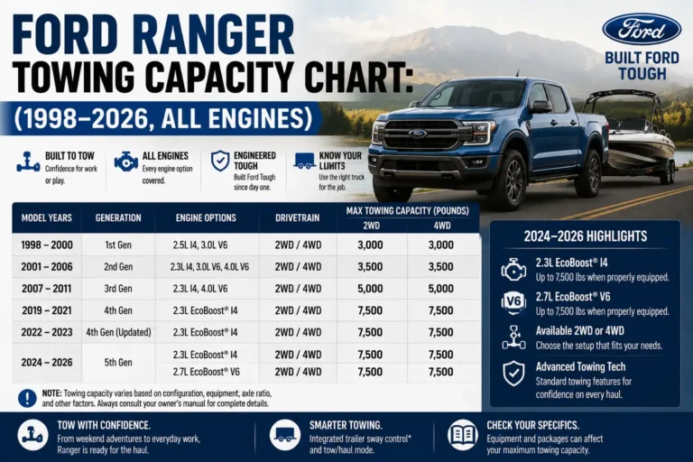 Ford Ranger Towing Capacity Chart: (1998–2026, All Engines) 7 Ford Ranger Towing Capacity Chart