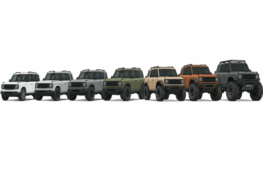Seven off-road SUVs lined up from base to most rugged trim