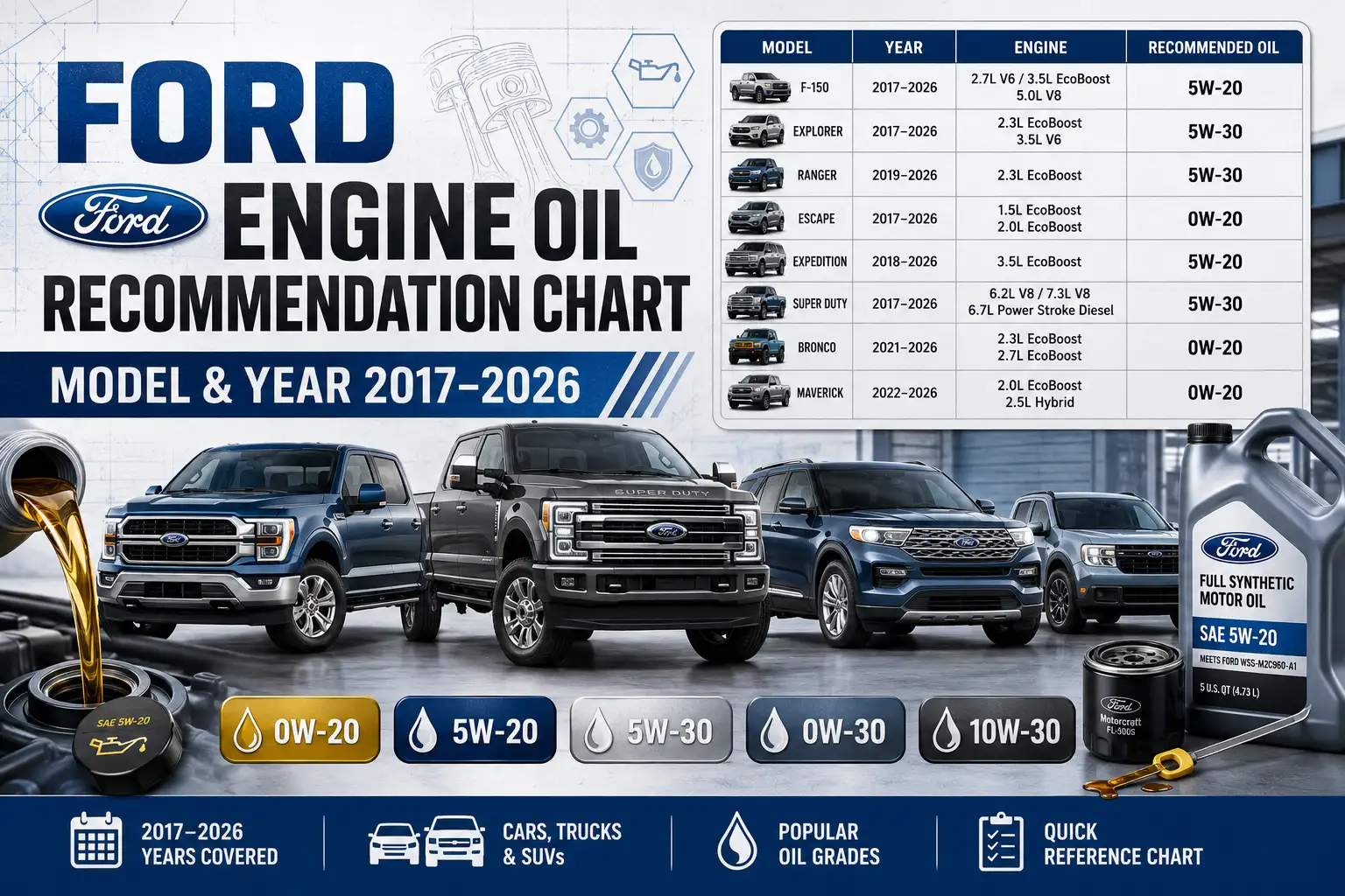 Ford Engine Oil Recommendation Chart: Model & Year 2017-2026