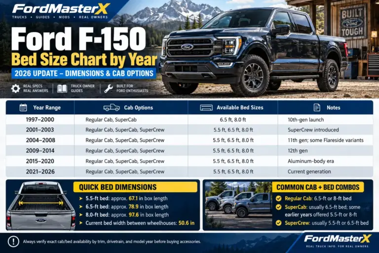 Ford F-150 bed size chart by year from 1997 to 2026, comparing 5.5-foot, 6.5-foot, and 8-foot beds, cargo box dimensions, and Regular Cab, SuperCab, and SuperCrew options