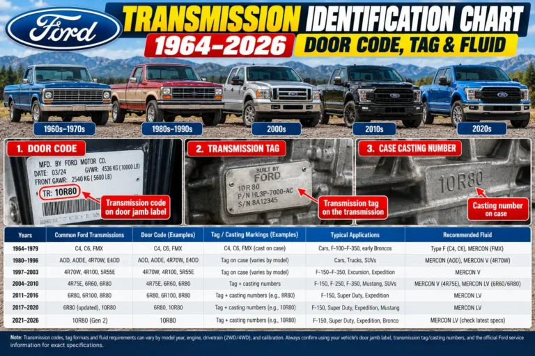 Ford transmission identification chart for 1964–2026 showing door jamb TR codes, transmission tags, and fluid types.