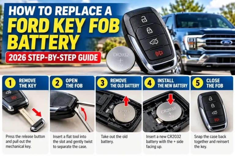 Ford key fob battery replacement guide showing five steps to remove the key, open the fob, replace the CR2032 battery, and close the case.