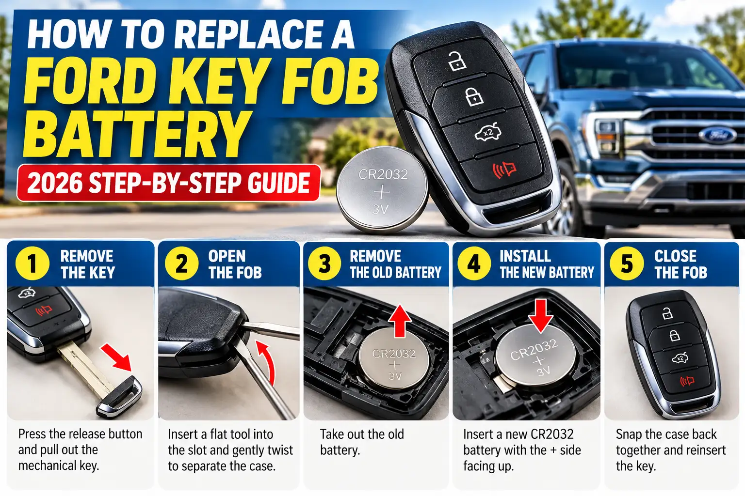 Ford key fob battery replacement guide showing five steps to remove the key, open the fob, replace the CR2032 battery, and close the case.