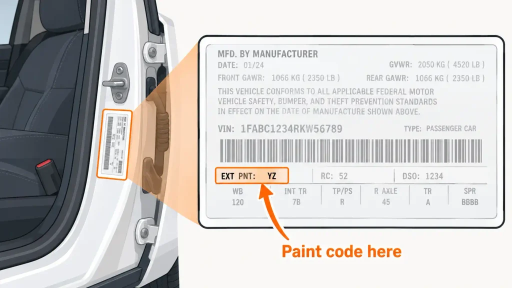 Diagram of a Ford door jamb label with the EXT PNT paint code field highlighted