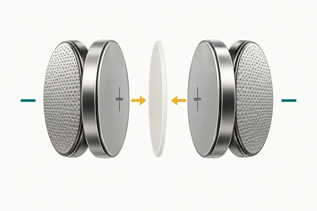 Diagram showing two CR2025 batteries with positive faces pointing toward the separator in an older Intelligent Access key fob.