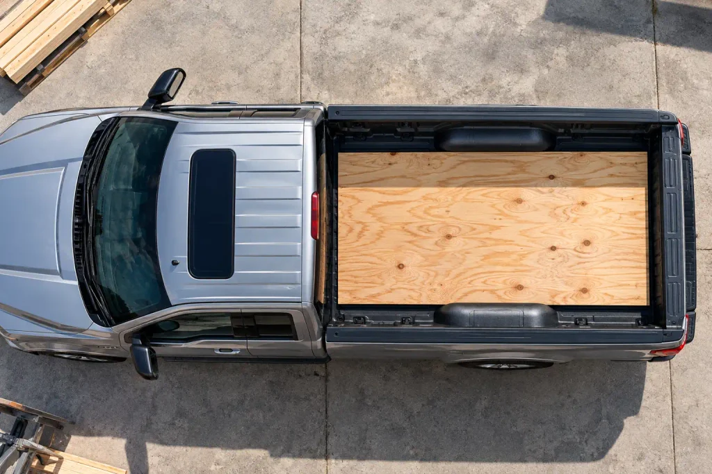 Ford F-150 Bed Size Chart by Year (2015-2026) Dimensions & Cab Options 5 Standard 4-by-8-foot plywood sheet positioned flat inside the 8-foot bed of a Ford F-150 pickup truck