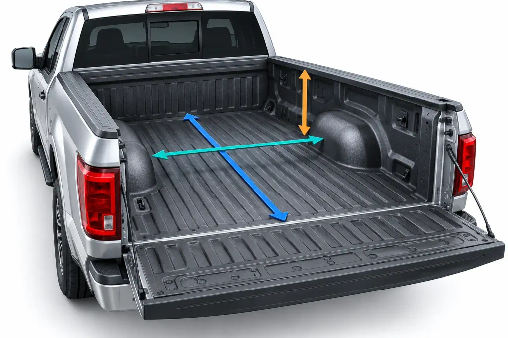 Ford F-150 Bed Size Chart by Year (2015-2026) Dimensions & Cab Options 2 Ford F-150 truck bed diagram showing interior length, width between wheel wells, and bed depth measurement points