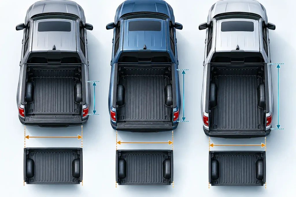 Ford F-150 Bed Size Chart by Year (2015-2026) Dimensions & Cab Options 4 Top-down comparison of Ford F-150 5.5-foot, 6.5-foot, and 8-foot truck beds showing their relative cargo lengths.