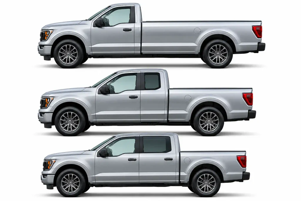 Ford F-150 Bed Size Chart by Year (2015-2026) Dimensions & Cab Options 3 Side-view comparison of 2026 Ford F-150 Regular Cab, SuperCab, and SuperCrew with their different cargo bed lengths