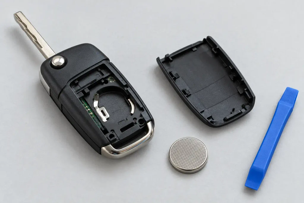 Opened Ford-style flip key remote beside a CR2032 coin-cell battery and plastic pry tool