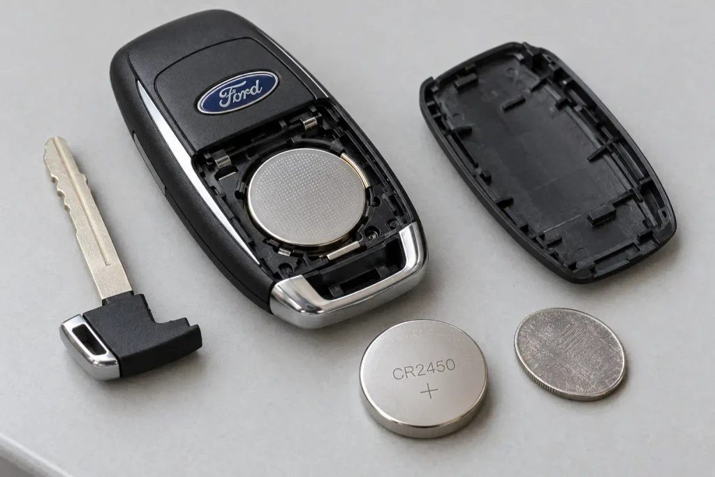 Intelligent Access style remote with emergency key blade removed and CR2450 battery beside it.