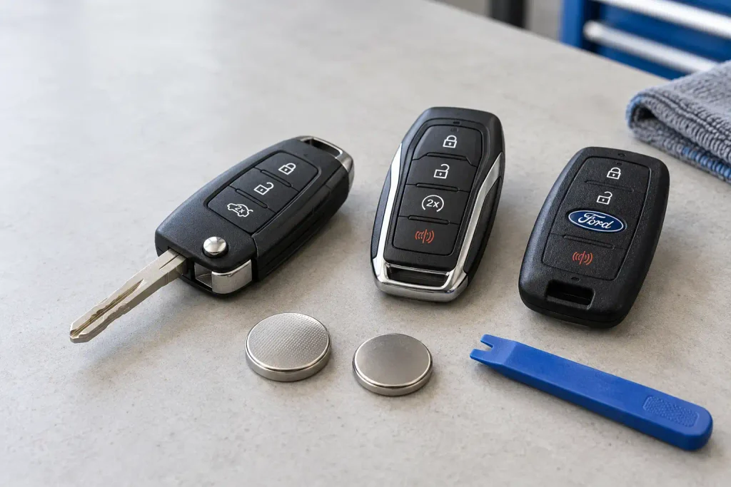 Ford-style key fobs with replacement coin-cell batteries and a small plastic opening tool on a workbench.