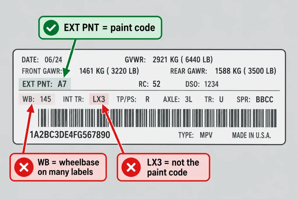 Door jamb label showing which field is the paint code and which are commonly mistaken for it
