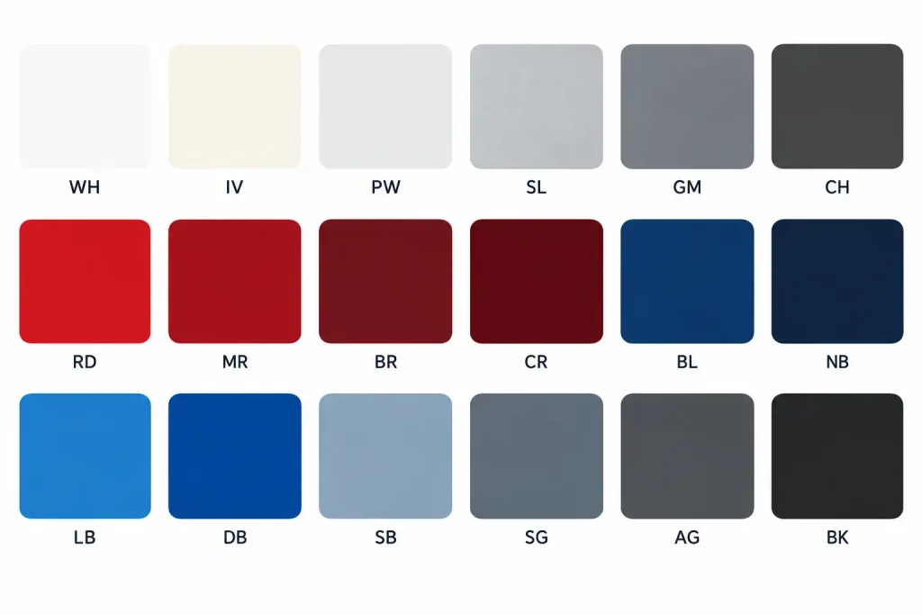 Grid of Ford paint color swatches labeled with two-letter paint codes