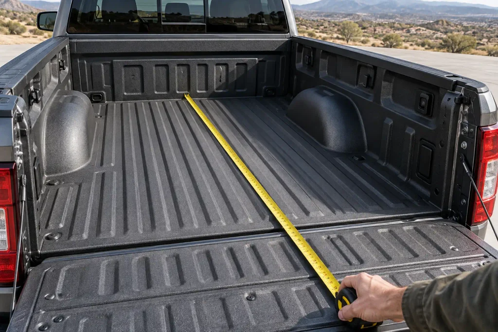 Ford F-150 Bed Size Chart by Year (2015-2026) Dimensions & Cab Options 6 Measuring the interior length of a Ford F-150 truck bed with a tape measure from the front bulkhead to the closed tailgate