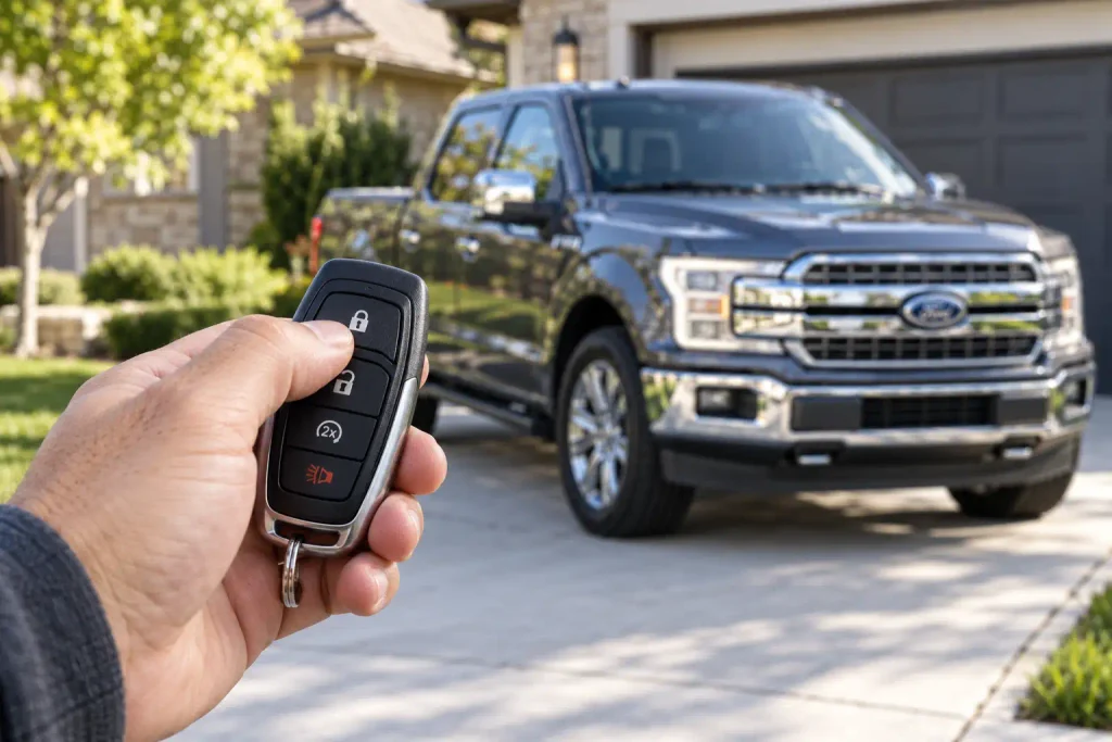 Hand testing an automotive key fob lock button beside a parked Ford pickup in daylight
