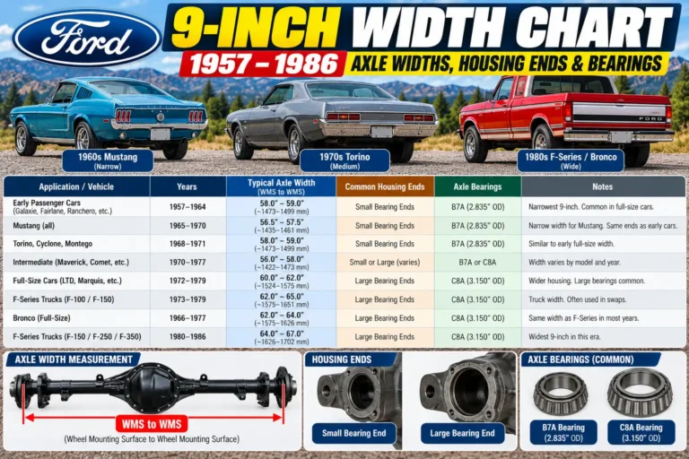 Ford 9-inch axle width chart for 1957–1986 showing housing ends, bearings, and width measurement points.