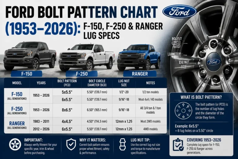 Ford Bolt Pattern Chart (1953–2026): F-150, F-250 & Ranger Lug Specs 1 Ford Bolt Pattern Chart (1953–2026): F-150, F-250 & Ranger Lug Specs