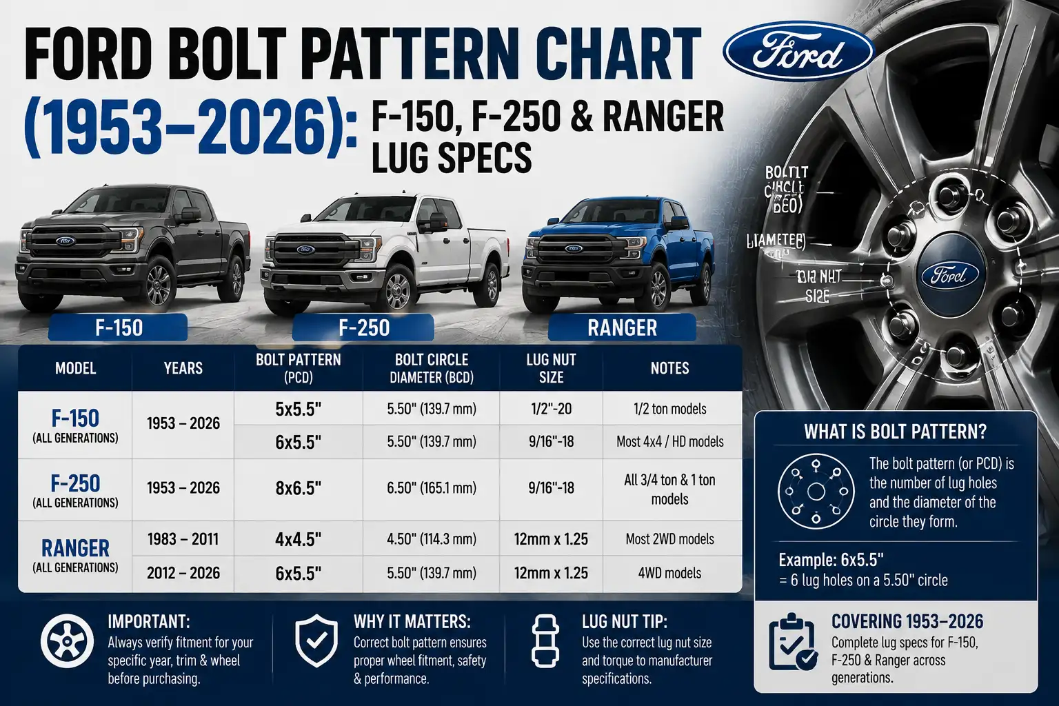 Ford Bolt Pattern Chart (1953–2026): F-150, F-250 & Ranger Lug Specs
