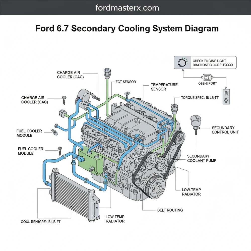 ford 6.7 secondary cooling system diagram diagram with labeled components and explanations
