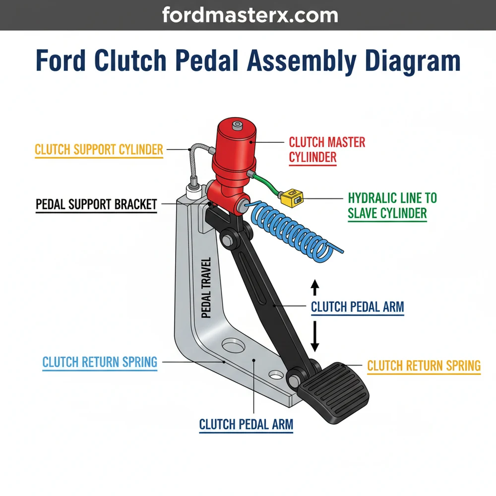 ford clutch pedal assembly diagram diagram with labeled components and explanations