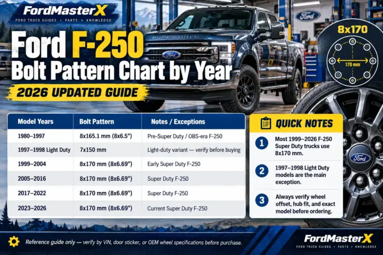 Ford F-250 bolt pattern chart by year from 1980 to 2026, showing 8x165.1mm for older models, 7x150mm for light-duty variants, and 8x170mm for Super Duty trucks