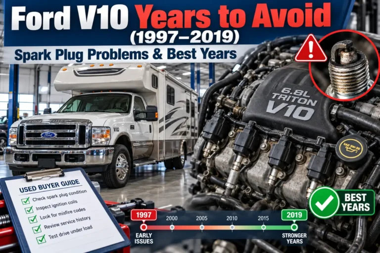 Ford V10 years to avoid from 1997–2019, showing a Triton V10 engine, spark plug problems, and used RV inspection checklist.