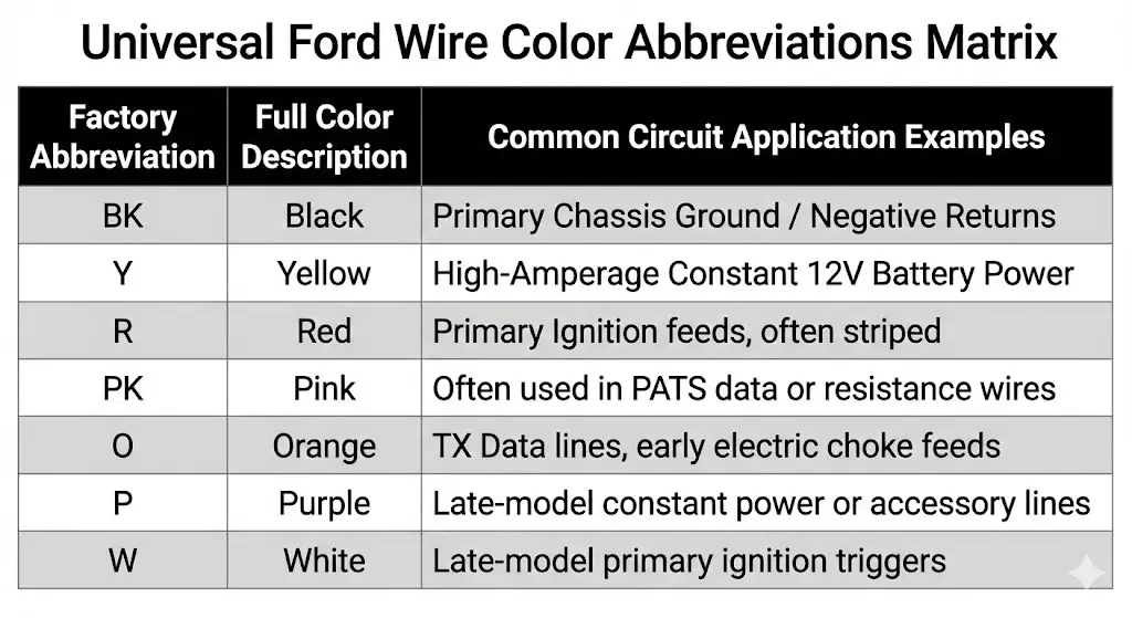 Universal Ford Wire Color Abbreviations Matrix