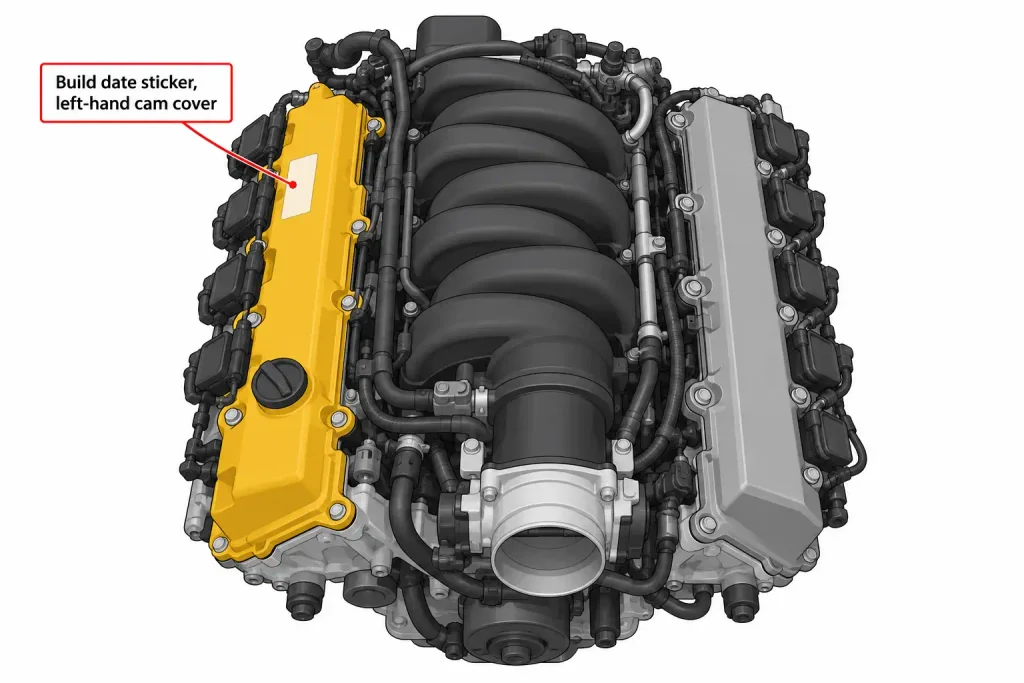 Top view of a Ford V10 engine with the left-hand cam cover build date sticker highlighted