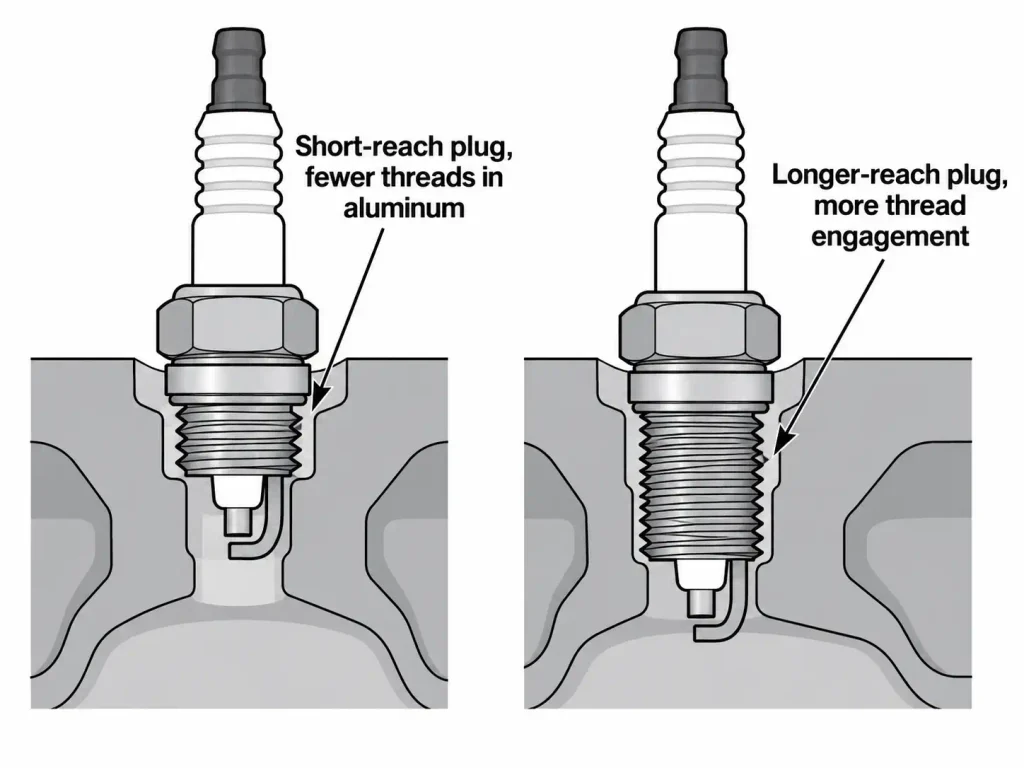 Cutaway diagram comparing a short-reach and a long-reach spark plug seated in an aluminum cylinder head
