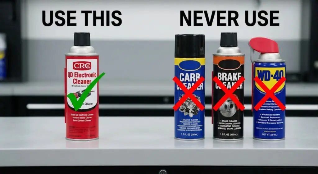 CRC QD Electronic Cleaner labeled as safe next to carb cleaner, brake cleaner, and WD-40 labeled as unsafe for MAP sensor cleaning — proves product selection determines whether the job costs $10 or $150
