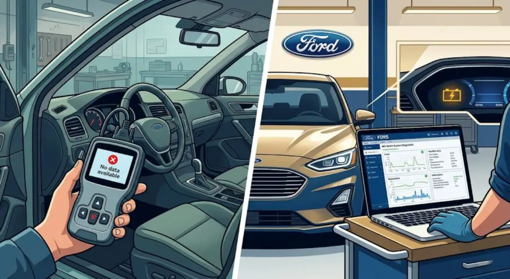 Split illustration showing a generic OBD-II scanner failing to read Ford Puma MHEV data on the left, versus Ford FDRS dealer software successfully diagnosing the 48V system on the right — proving dealer-only diagnosis is required for hybrid system faults