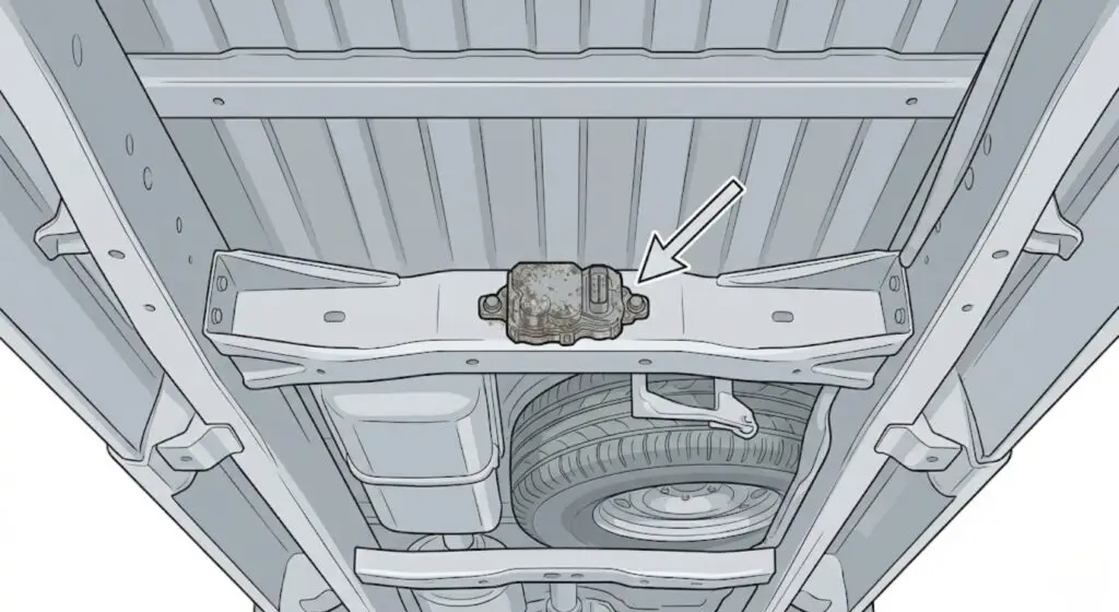 Ford F-Series FPDM (Fuel Pump Driver Module) mounted on the frame crossmember above the spare tire well, showing exposed position that makes it vulnerable to road salt and corrosion