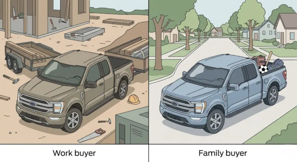 Ford F-150 in a work/construction setting on the left and a family lifestyle setting on the right — proves the same truck model serves two buyer types whose correct trim level differs significantly