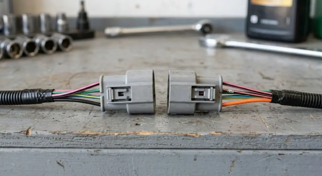 Side-by-side comparison of F150 fuel pump connector with Black ground wire (left) versus F250/F350 connector with Orange ground wire (right) — the single critical difference between the two truck families