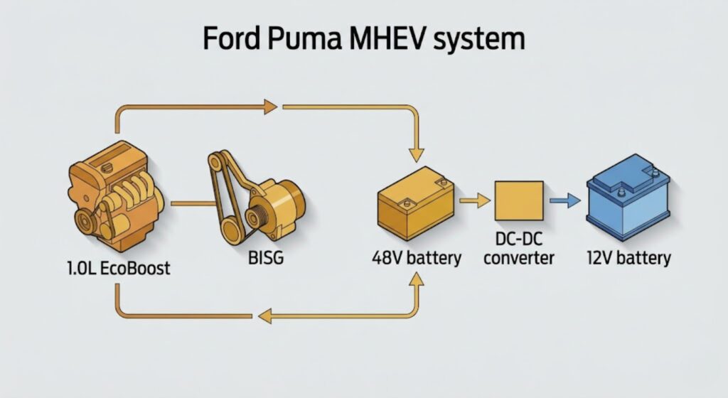 Ford Puma MHEV system diagram showing the 48V battery and BISG as separate from the 12V conventional battery — proving these are two different systems requiring different warning light responses