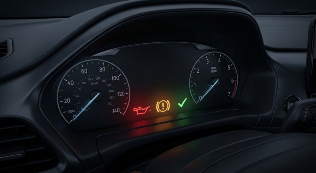 Ford Puma instrument cluster showing three warning symbols in red, amber and green — illustrating the three severity tiers every Puma owner needs to understand