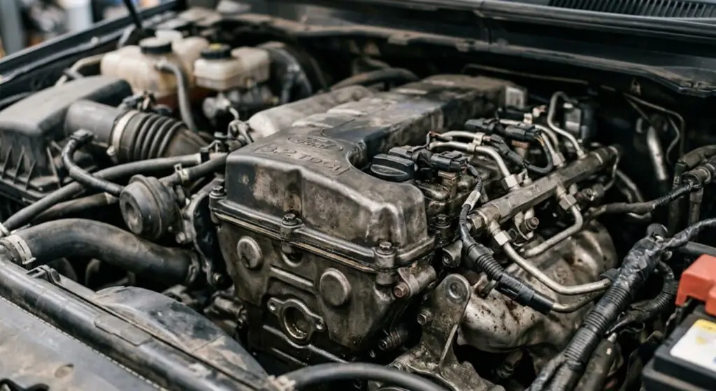 Ford Ranger 3.2 TDCi engine bay showing timing chain cover area — the most common high-severity fault location on pre-2019 V6 diesel builds