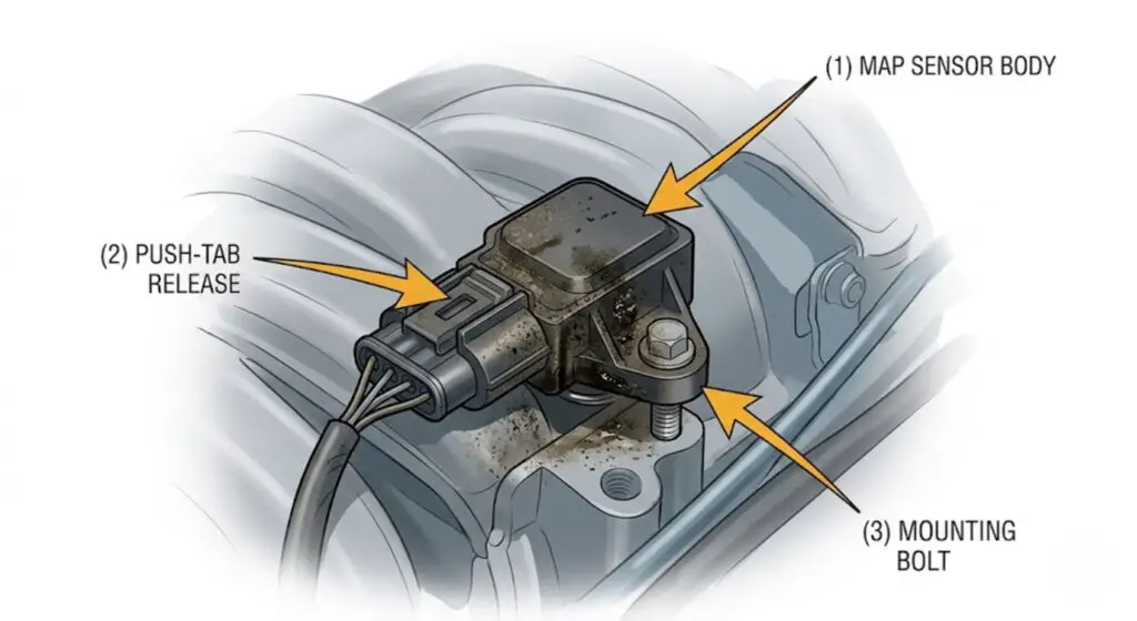 Ford intake manifold with MAP sensor location labeled — showing connector push-tab release and 8mm mounting bolt position