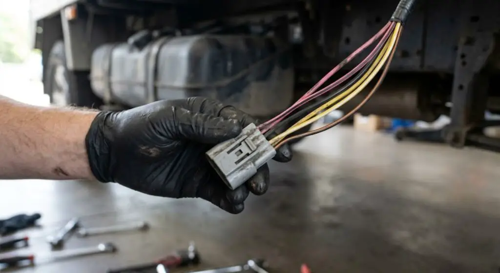 Ford F-Series fuel pump 4-wire connector showing Pink/Black power wire, Black ground wire, Yellow/White sender signal wire, and Black/Orange sender ground wire — confirming OEM color identification before reconnection