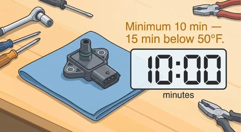 MAP sensor resting port-up on a shop towel next to a 10-minute timer — proves the drying phase is a mandatory wait step, not optional, before reinstallation