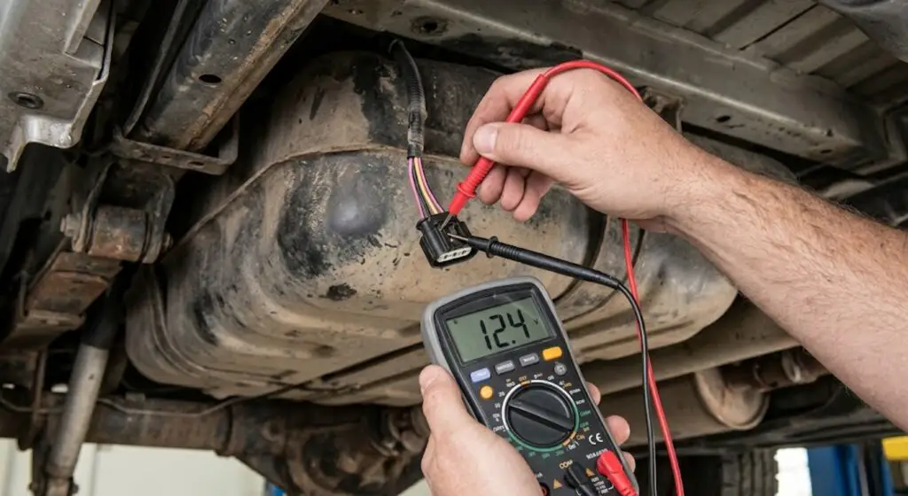 Mechanic testing Ford fuel pump wire with digital multimeter showing 12.4 volts on the Pink/Black power wire — confirming circuit function before making any splice or connection