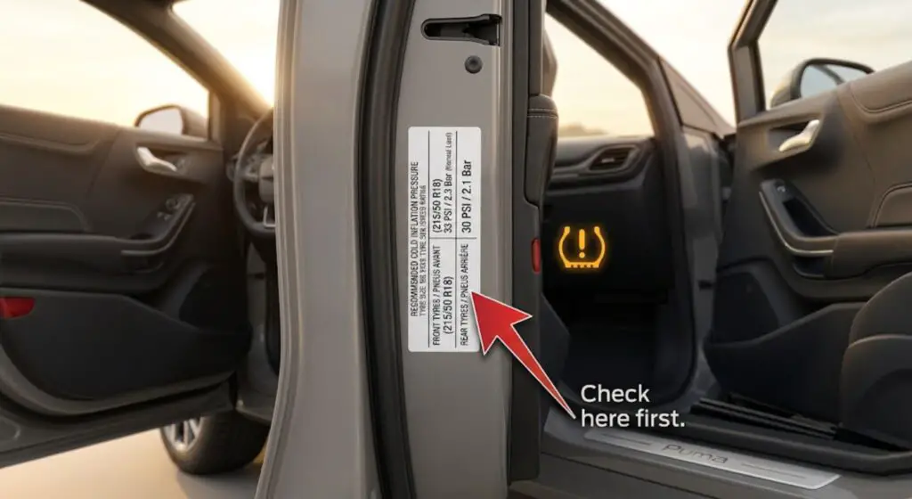 Ford Puma driver's door sill showing the tyre pressure sticker with recommended PSI values — the correct reference point before resetting the TPMS warning light