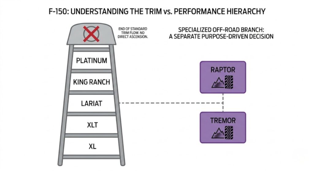 Diagram showing F-150 standard trim ladder from XL to Platinum with Tremor and Raptor floating separately on the right connected by a dashed line — proves the off-road trims are a separate branch, not the next steps above Platinum
