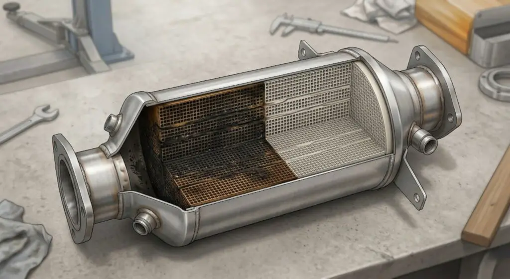 Diesel particulate filter cross-section showing blocked carbon deposits on one side and clean channels on the other — DPF blockage on the Ranger V6 diesel is caused by short urban trips that prevent passive regeneration