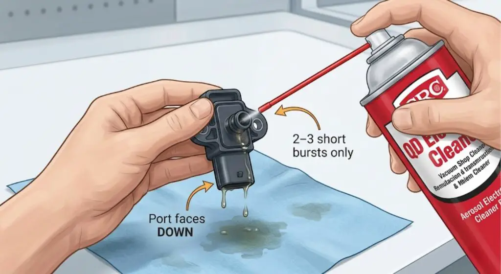 Hand holding MAP sensor with port facing down over a shop towel while applying electronic cleaner with extension straw — proves correct orientation prevents liquid from pooling inside the sensor housing