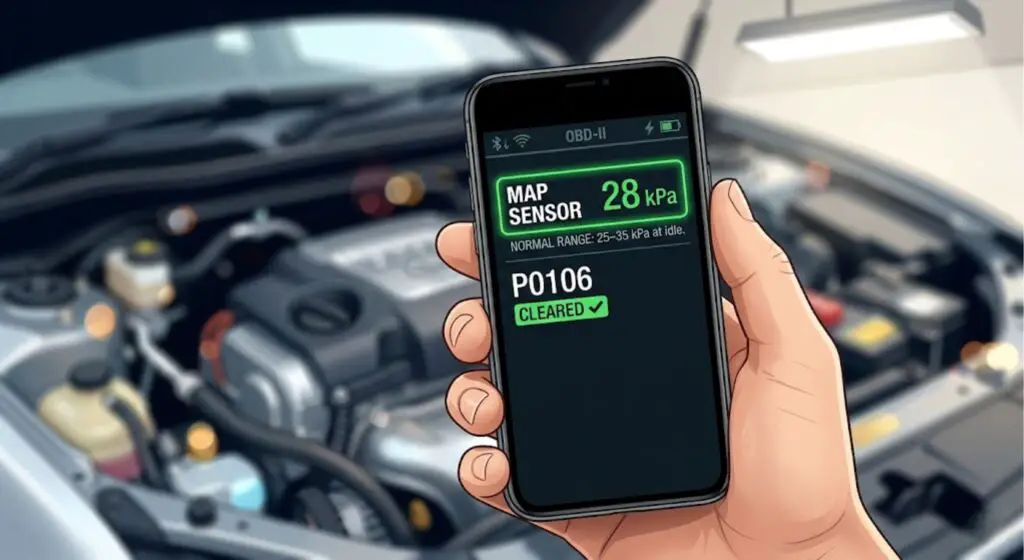 OBD-II scanner showing MAP sensor live data at 28 kPa with P0106 cleared — proves a reading between 25 and 35 kPa at warm idle confirms a successful MAP sensor cleaning on a Ford vehicle